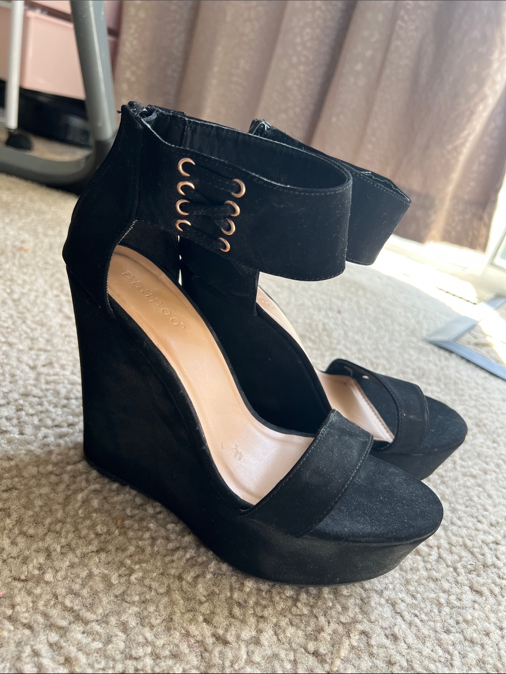 BAMBOO Black Suede Ankle-Strap Wedge Sandals